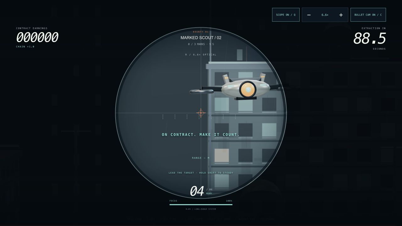 Actual Ravage Deadeye gameplay: tracking a rogue drone through the rifle scope above the city.