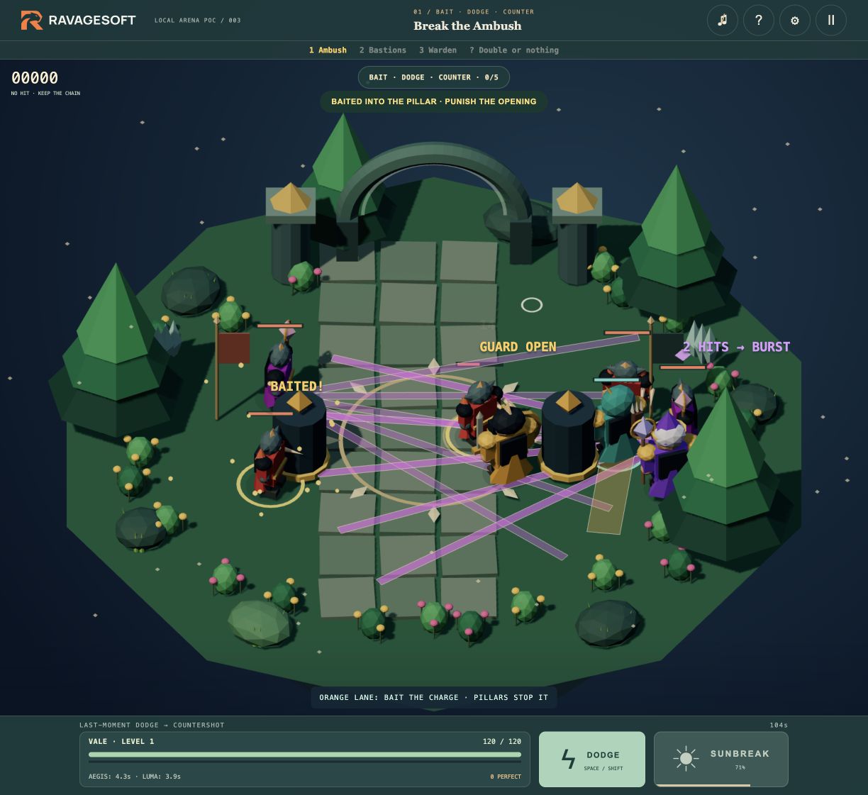 Actual Ravage Expeditions gameplay: Vale and companions fighting chargers and spellcasters around stone pillars.