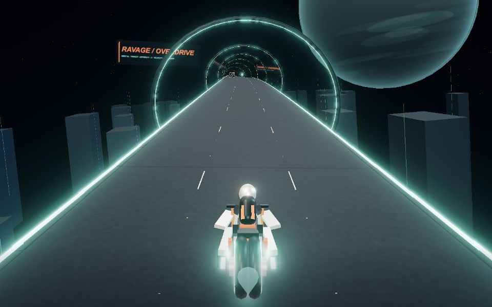 Actual Ravage Overdrive gameplay: a hover bike racing through glowing gates.