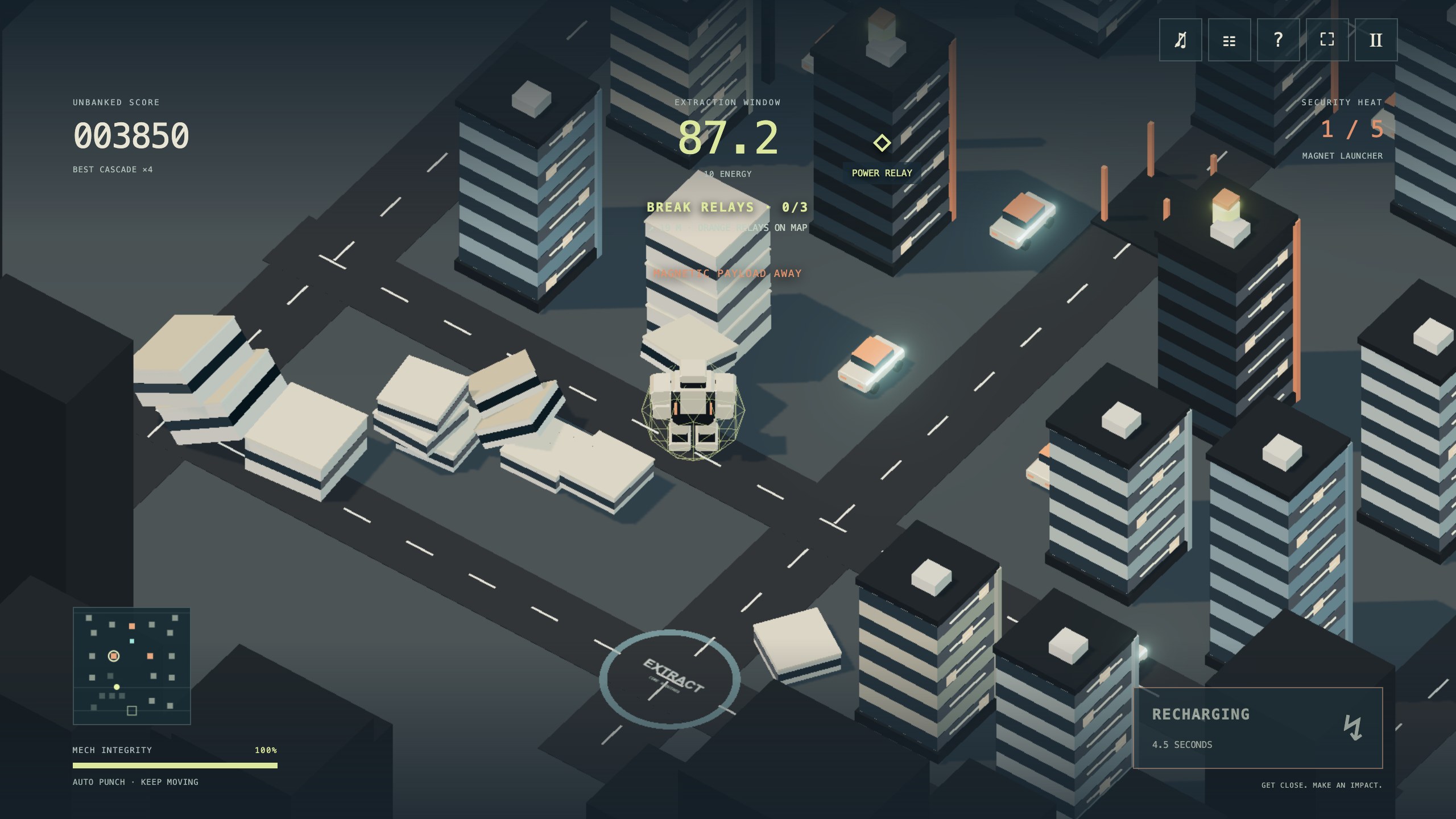 Actual Ravage Rampage gameplay: the Atlas mech collapsing city buildings and throwing a car with its magnet launcher.