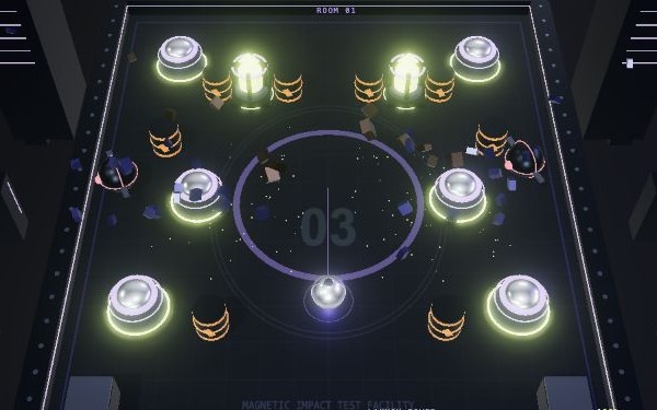 Actual Ravage Ricochet gameplay: the metallic ball and glowing reactor arena.