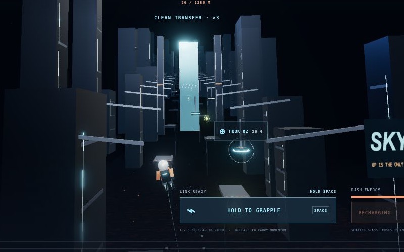 Actual Ravage Skyhook gameplay: a courier grappling through the city.